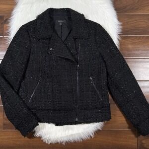 Ann‎ Taylor Women's Size 10 Black Metallic Tweed Fringe Moto Zip Blazer Jacket